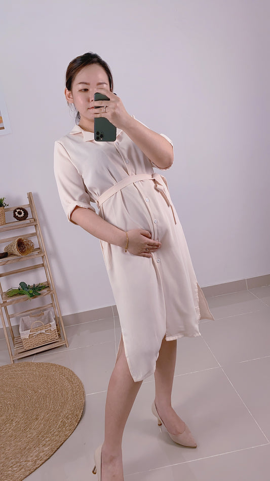 Button Up Maternity Dress-Apricot