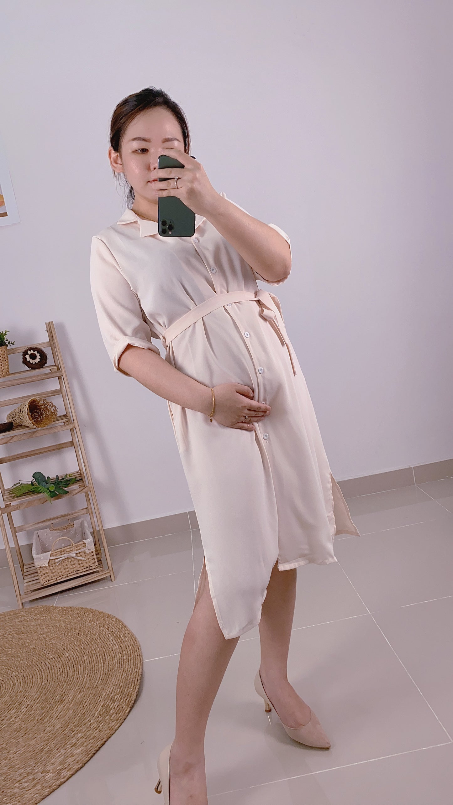 Button Up Maternity Dress-Green/Apricot/Brown