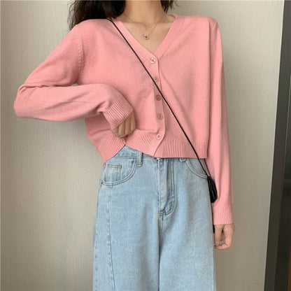 Zess Knitted Knits Long Sleeve Button Crop Top