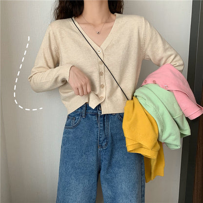 Zess Knitted Knits Long Sleeve Button Crop Top