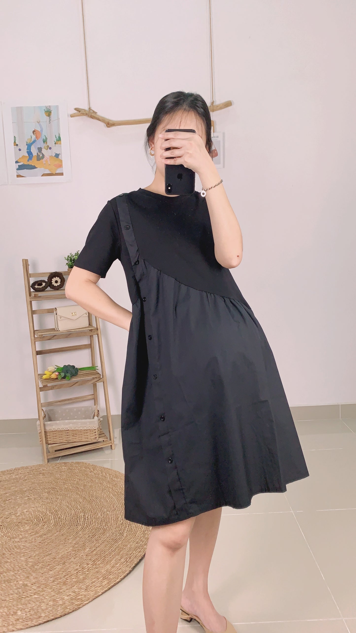 VENE Black Side Button Maternity Dress