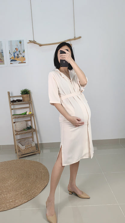 Button Up Maternity Dress-Apricot