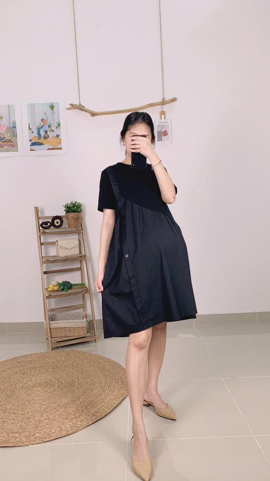 VENE Black Side Button Maternity Dress